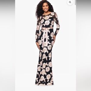 NWT Betsy & Adam "Juliana" Soutache Black Mesh Appliqué Floral Maxi Gown 14